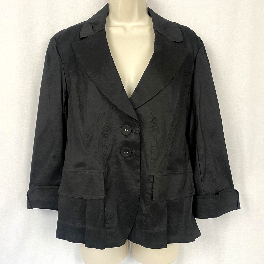 Clara Sun Woo Blazer Jacket Womens 1X Black Bow‎ Back Pleated Hem 3/4 Sleeve